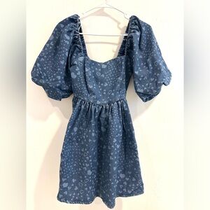 AVEC LES FILLES Denim Babydoll Mini Dress Bow Puff Sleeves Size XS NWT